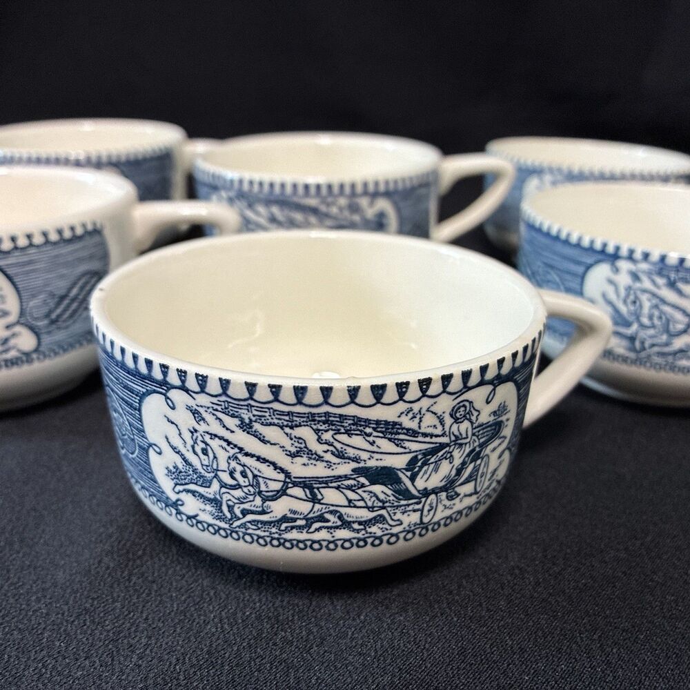 Vintage Royal Currier & Ives Tea Cups (6) The Star of the Road Blue Transferware